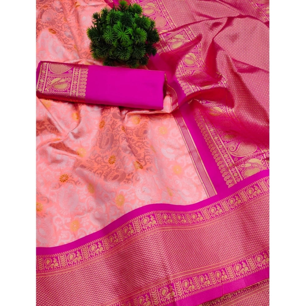 Women's Soft Lichi Silk Printed Saree With Unstitched Blouse 5.5Mtr (Pink) - VANSHELLE