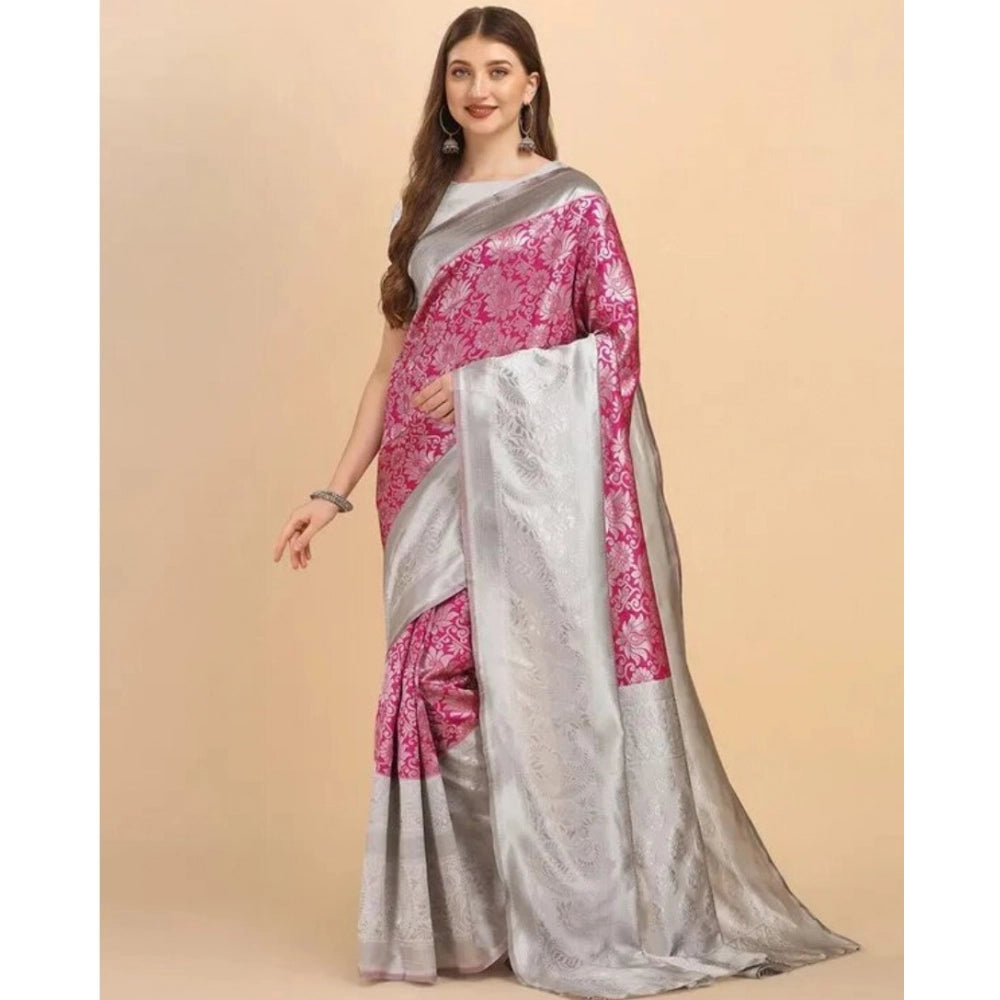 Women's Soft Lichi Silk Printed Saree With Unstitched Blouse 5.5Mtr (Pink) - VANSHELLE