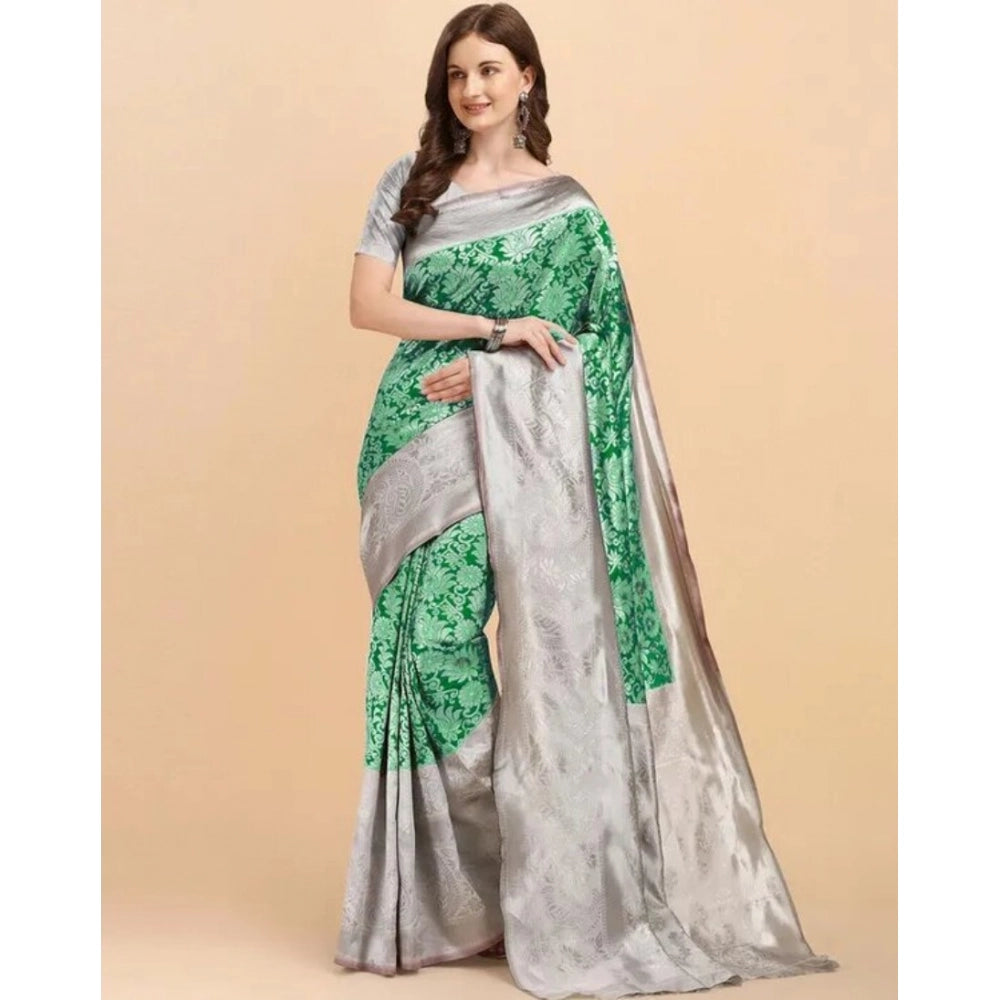 Women's Soft Lichi Silk Printed Saree With Unstitched Blouse 5.5Mtr (Green) - VANSHELLE