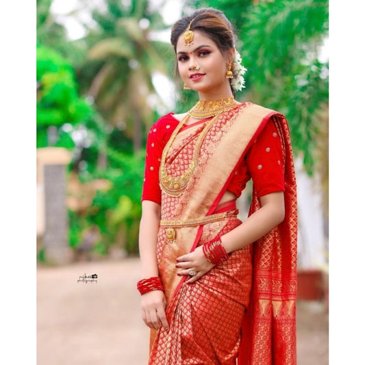 Women's Soft Lichi Silk Printed Saree With Unstitched Blouse 5.5Mtr (Red) - VANSHELLE