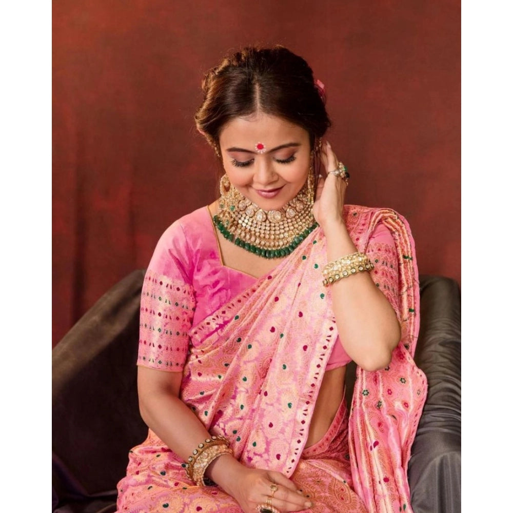 Women's Soft Lichi Silk Printed Saree With Unstitched Blouse 5.5Mtr (Pink) - VANSHELLE