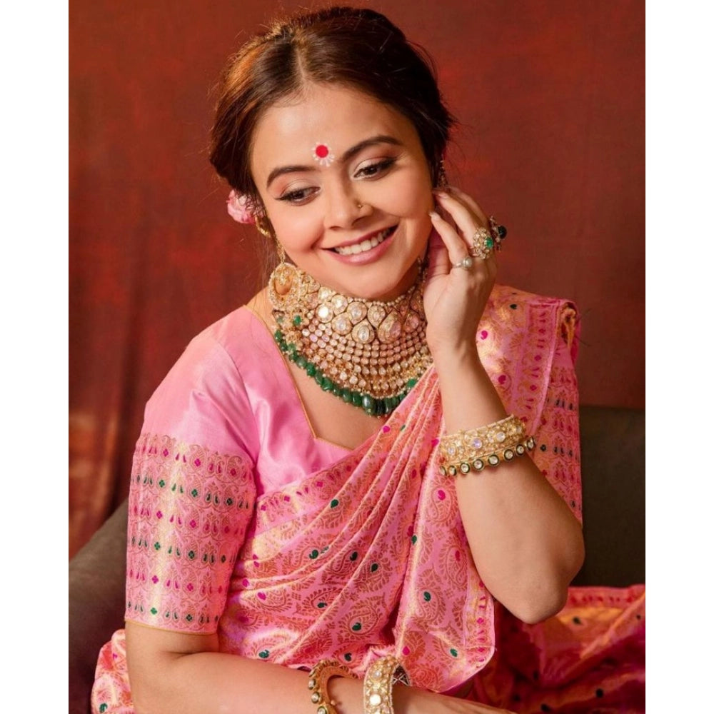 Women's Soft Lichi Silk Printed Saree With Unstitched Blouse 5.5Mtr (Pink) - VANSHELLE