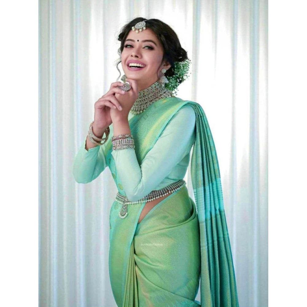 Women's Soft Lichi Silk Printed Saree With Unstitched Blouse 5.5Mtr (Light Green) - VANSHELLE