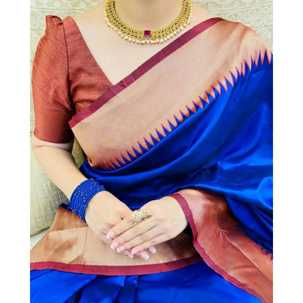 Women's Soft Lichi Silk Solid Saree With Unstitched Blouse 5.5Mtr (Blue) - VANSHELLE