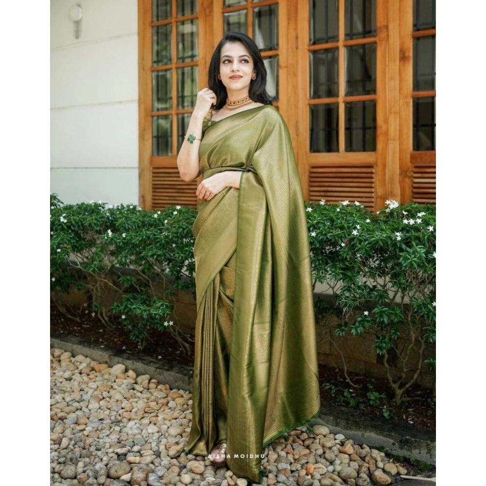 Women's Soft Lichi Silk Printed Saree With Unstitched Blouse 5.5Mtr (Green) - VANSHELLE