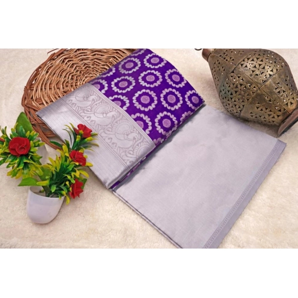 Women's Soft Lichi Silk Printed Saree With Unstitched Blouse 5.5Mtr (Purple) - VANSHELLE