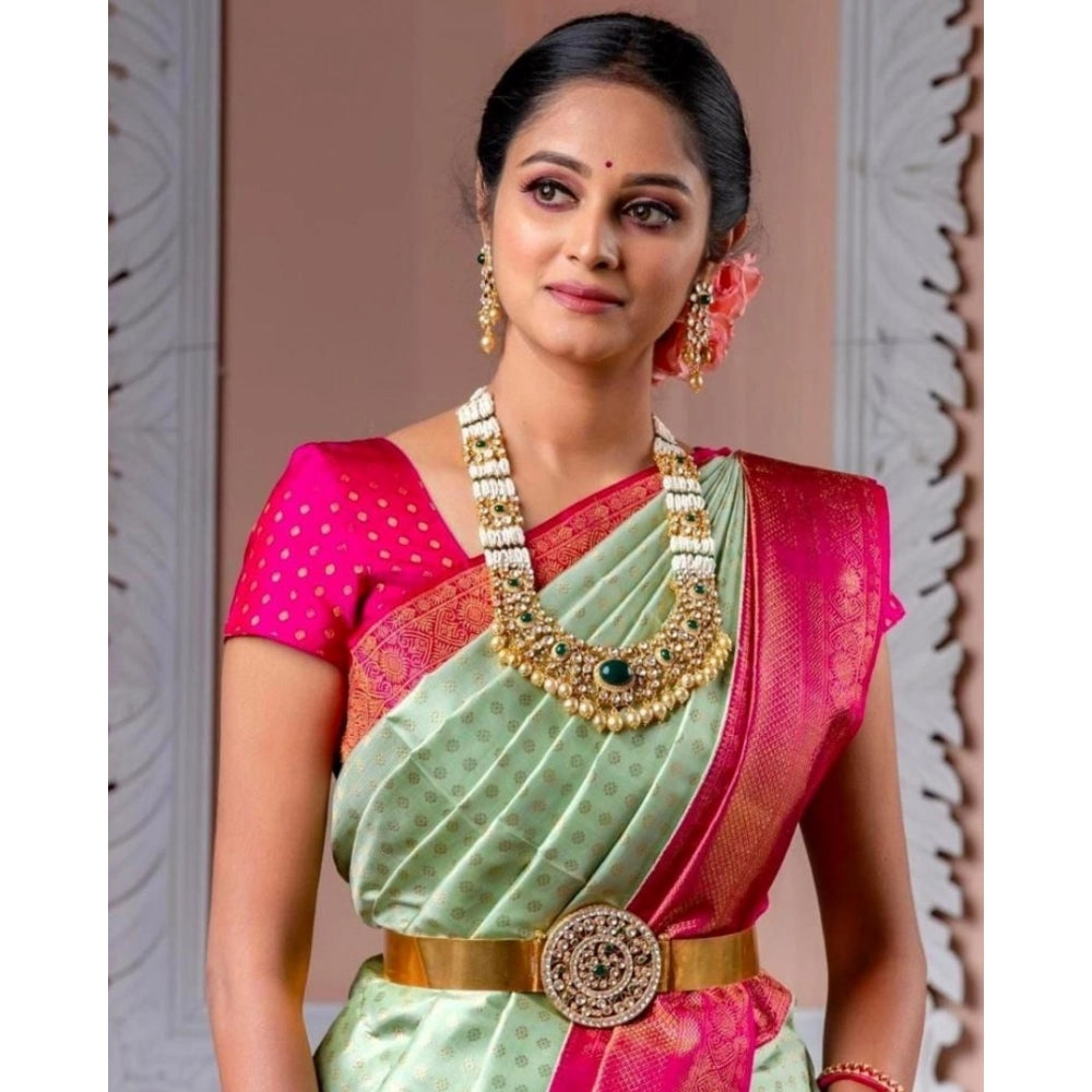 Women's Soft Lichi Silk Printed Saree With Unstitched Blouse 5.5Mtr (Light Green) - VANSHELLE