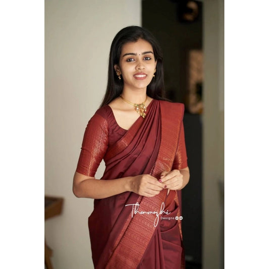 Women's Soft Lichi Silk Solid Saree With Unstitched Blouse 5.5Mtr (Maroon) - VANSHELLE