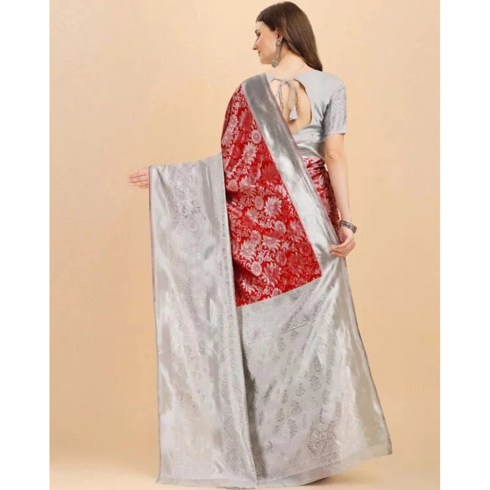 Women's Soft Lichi Silk Printed Saree With Unstitched Blouse 5.5Mtr (Red) - VANSHELLE