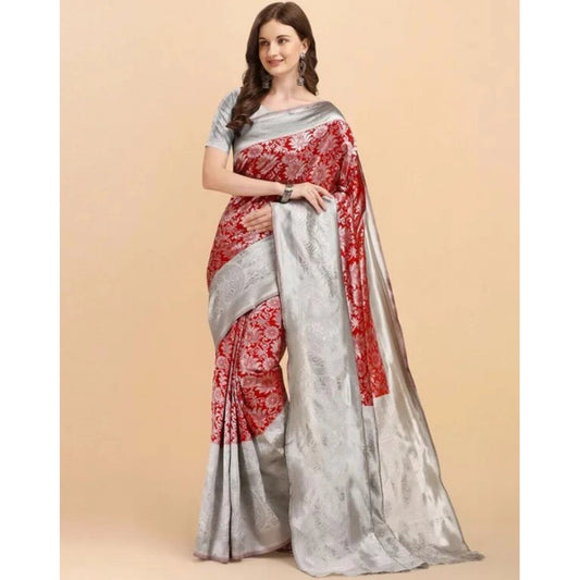 Women's Soft Lichi Silk Printed Saree With Unstitched Blouse 5.5Mtr (Red) - VANSHELLE