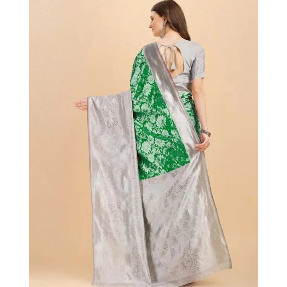 Women's Soft Lichi Silk Printed Saree With Unstitched Blouse 5.5Mtr (Green) - VANSHELLE