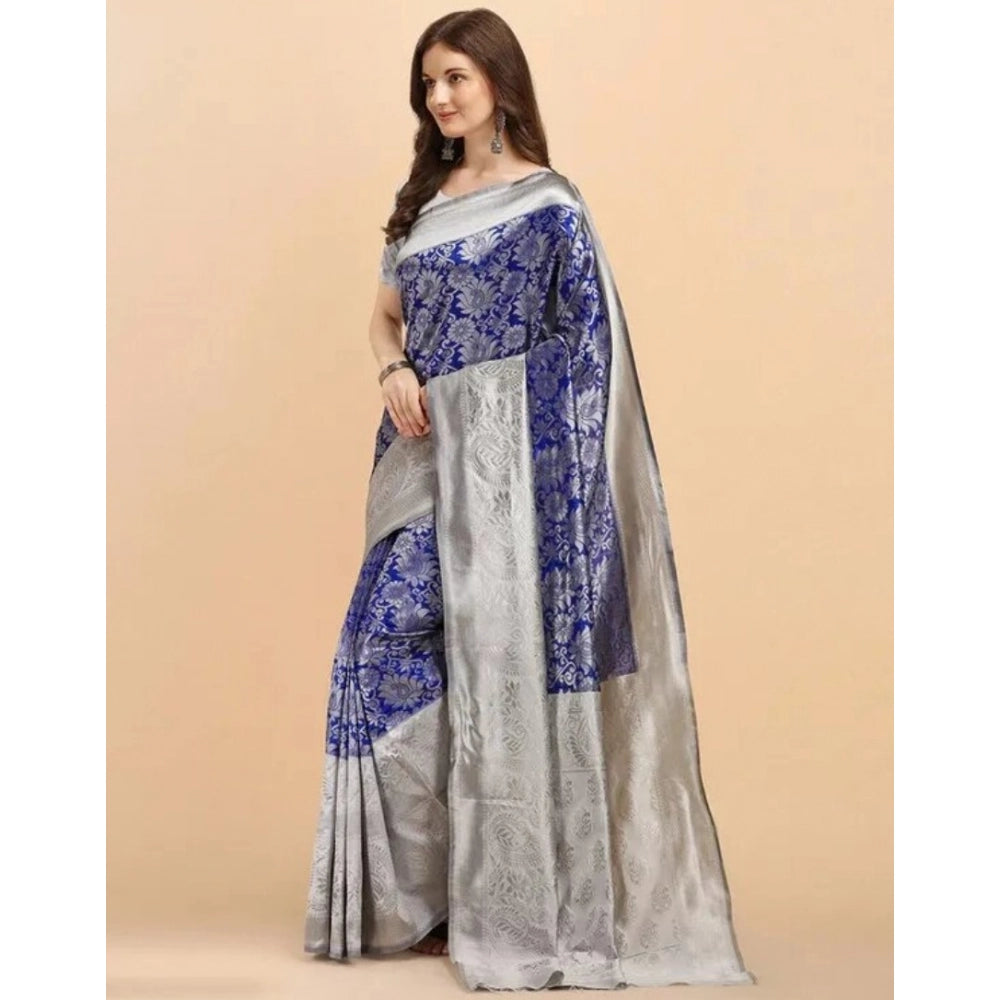 Women's Soft Lichi Silk Printed Saree With Unstitched Blouse 5.5Mtr (Blue) - VANSHELLE