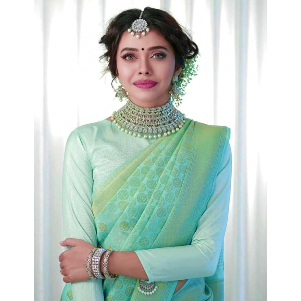 Women's Soft Lichi Silk Printed Saree With Unstitched Blouse 5.5Mtr (Light Green) - VANSHELLE