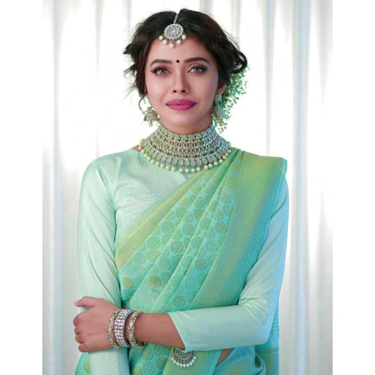 Women's Soft Lichi Silk Printed Saree With Unstitched Blouse 5.5Mtr (Light Green) - VANSHELLE