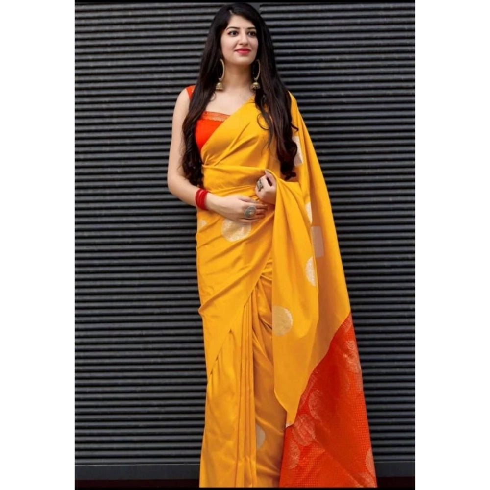 Women's Soft Lichi Silk Printed Saree With Unstitched Blouse 5.5Mtr (Yellow) - VANSHELLE