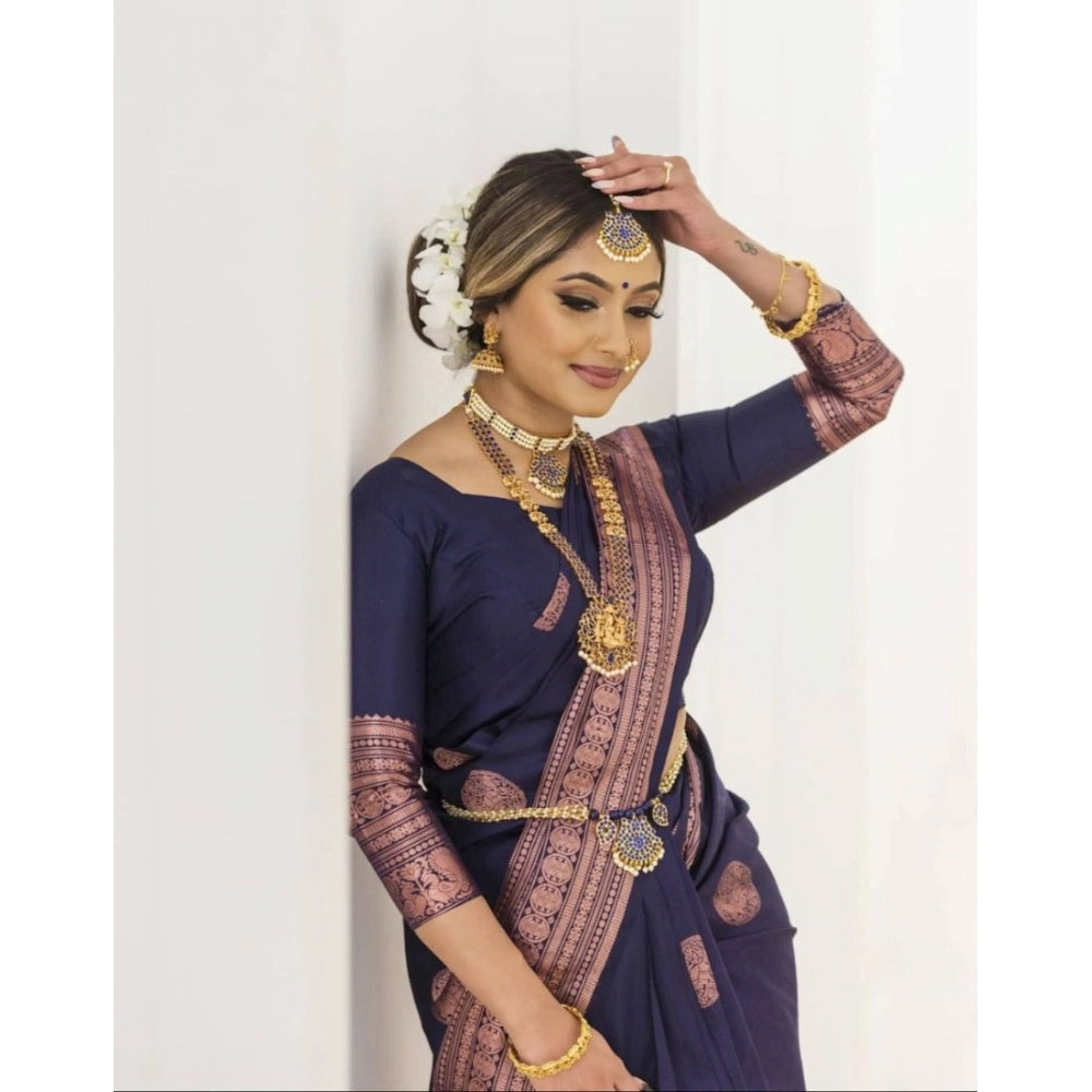 Women's Soft Lichi Silk Printed Saree With Unstitched Blouse 5.5Mtr (Navy Blue) - VANSHELLE