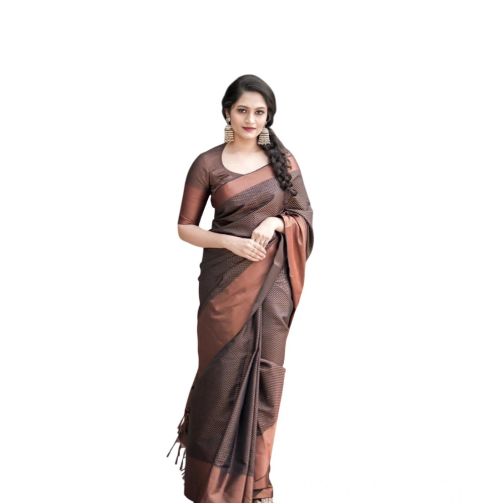 Women's Soft Lichi Silk Printed Saree With Unstitched Blouse 5.5Mtr (Brown) - VANSHELLE