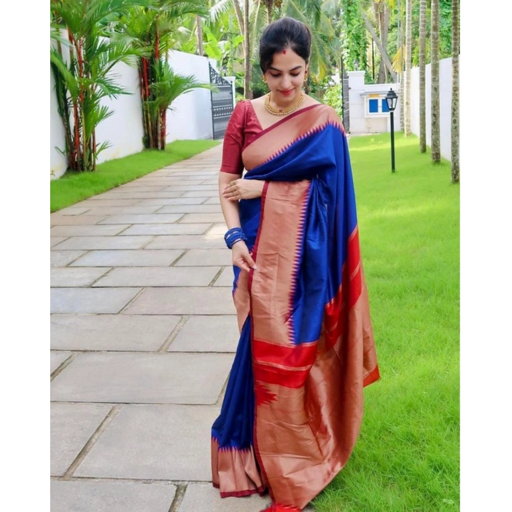 Women's Soft Lichi Silk Solid Saree With Unstitched Blouse 5.5Mtr (Blue) - VANSHELLE