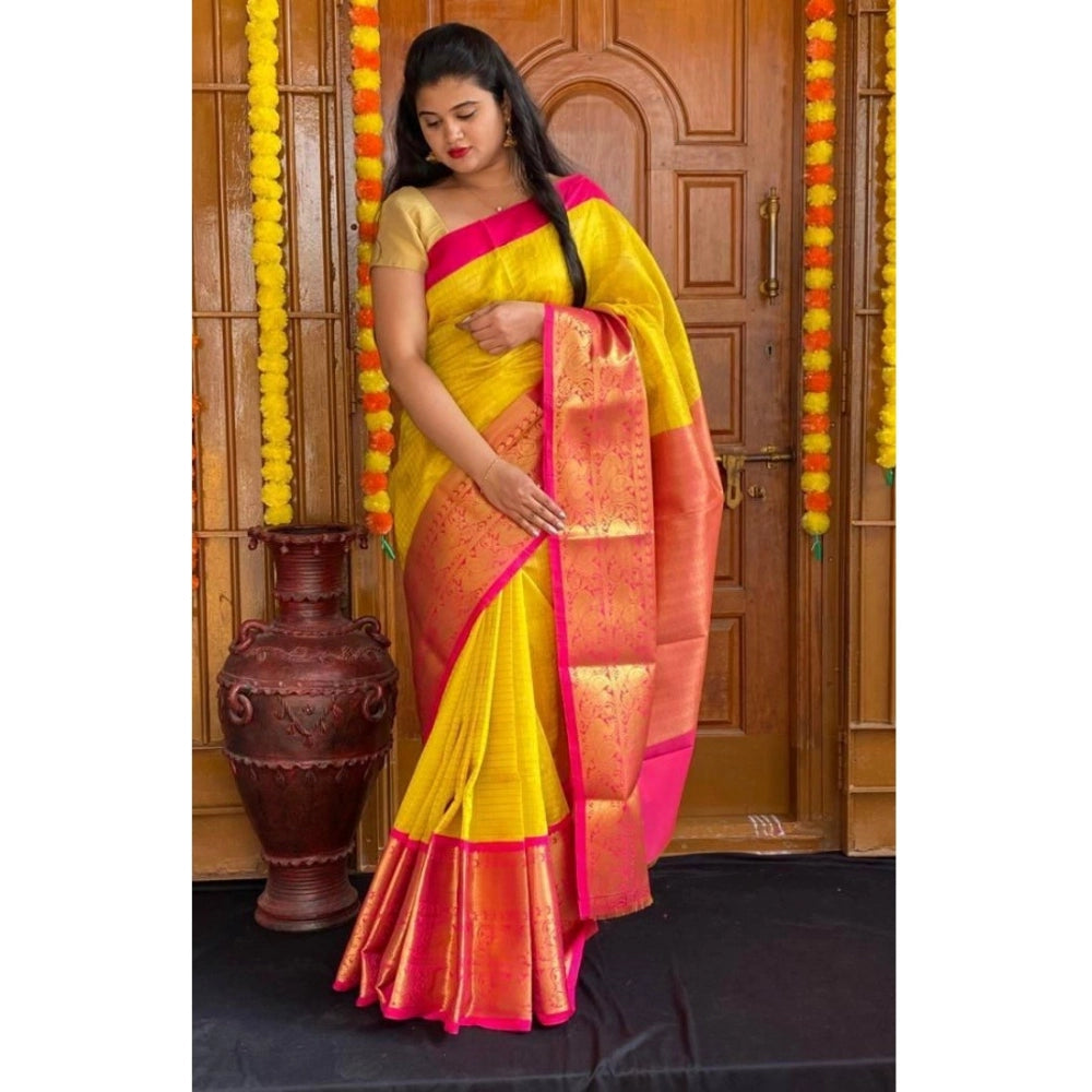 Women's Soft Lichi Silk Printed Saree With Unstitched Blouse 5.5Mtr (Yellow) - VANSHELLE