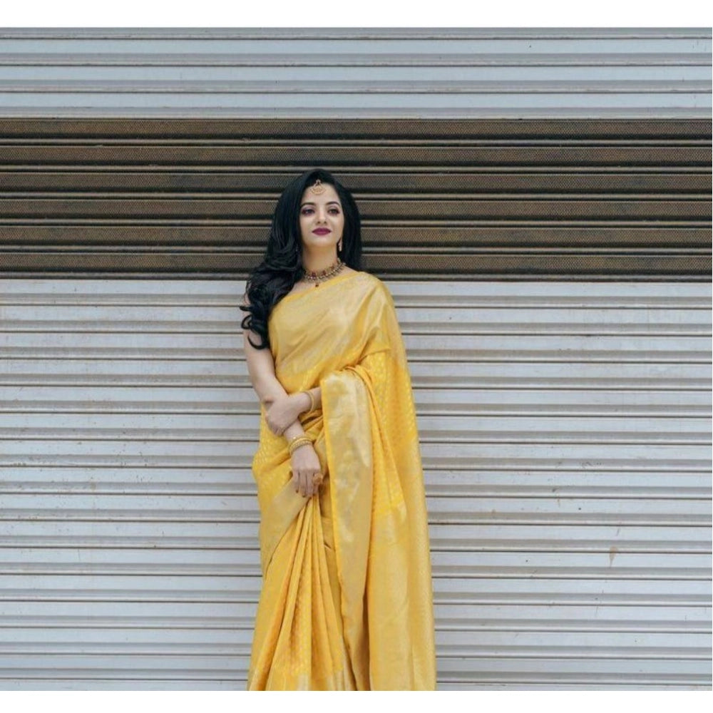 Women's Soft Lichi Silk Printed Saree With Unstitched Blouse 5.5Mtr (Yellow) - VANSHELLE