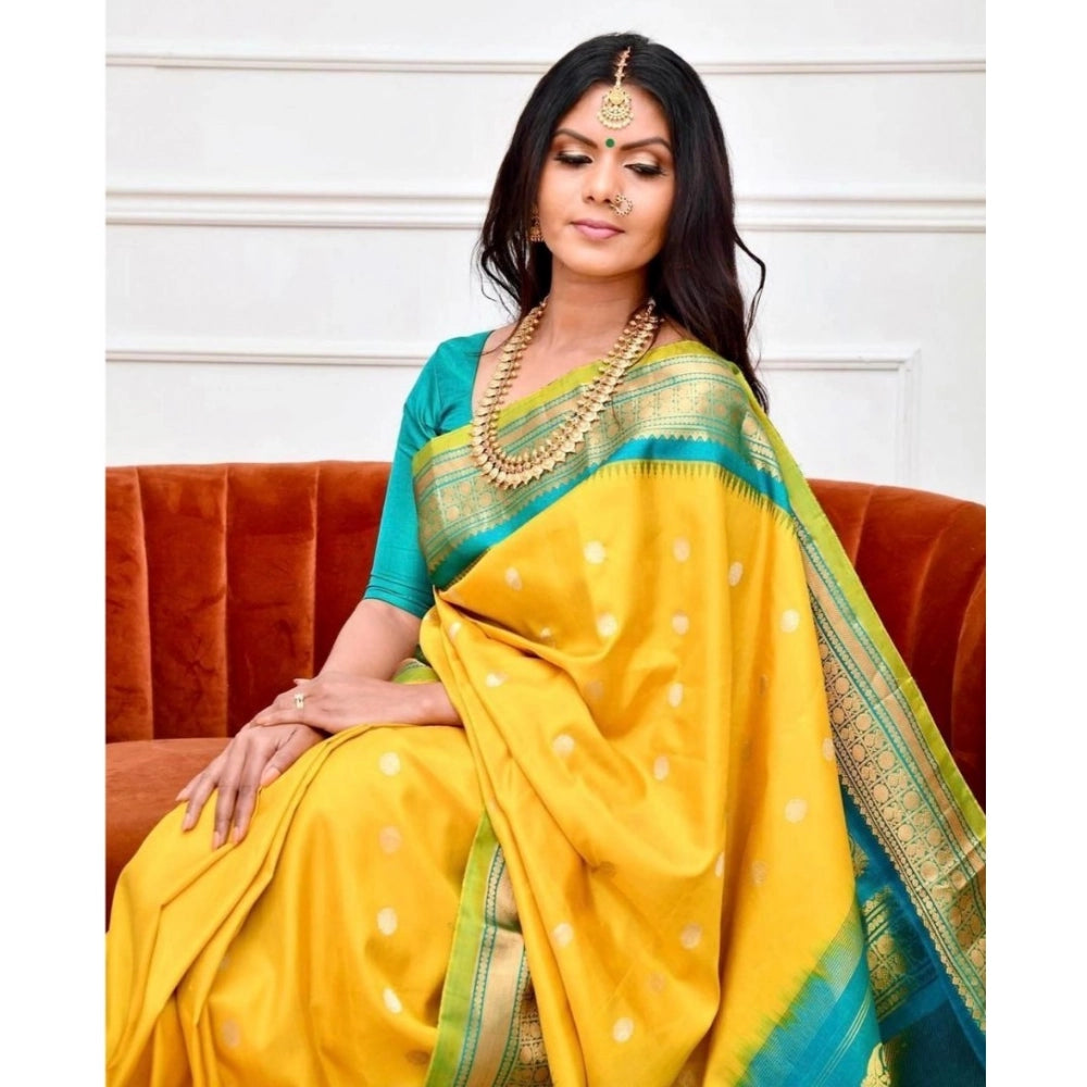 Women's Soft Lichi Silk Printed Saree With Unstitched Blouse 5.5Mtr (Yellow) - VANSHELLE