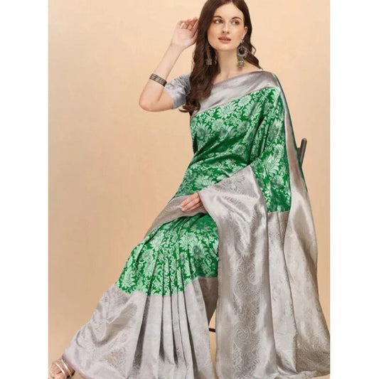 Women's Soft Lichi Silk Printed Saree With Unstitched Blouse 5.5Mtr (Green) - VANSHELLE