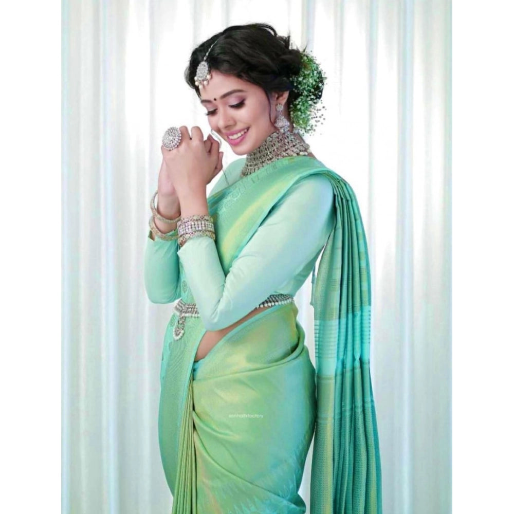Women's Soft Lichi Silk Printed Saree With Unstitched Blouse 5.5Mtr (Light Green) - VANSHELLE
