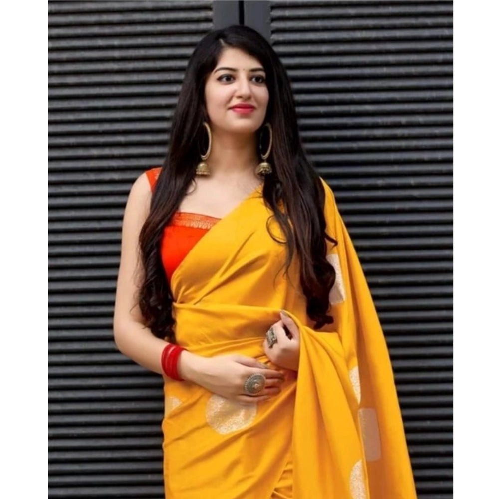 Women's Soft Lichi Silk Printed Saree With Unstitched Blouse 5.5Mtr (Yellow) - VANSHELLE