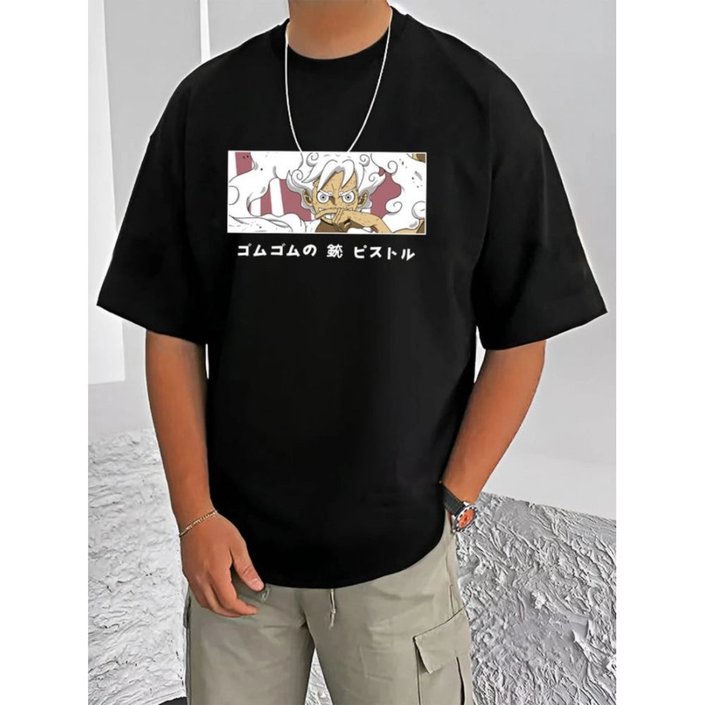 Men's Casual Cotton Blend Printed Round Neck Half Sleeve T-Shirt (Black) by Vanshelle