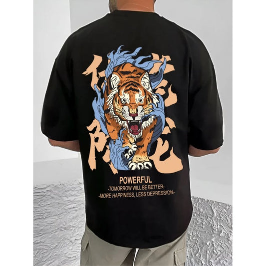Men's Casual Cotton Blend Printed Round Neck Half Sleeve T-Shirt (Black)