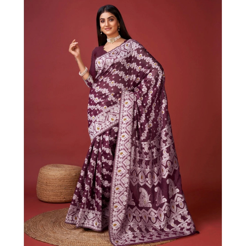 Women's Cotton Silk Printed Saree With Unstitched Blouse 5.5Mtr (Purple) - VANSHELLE