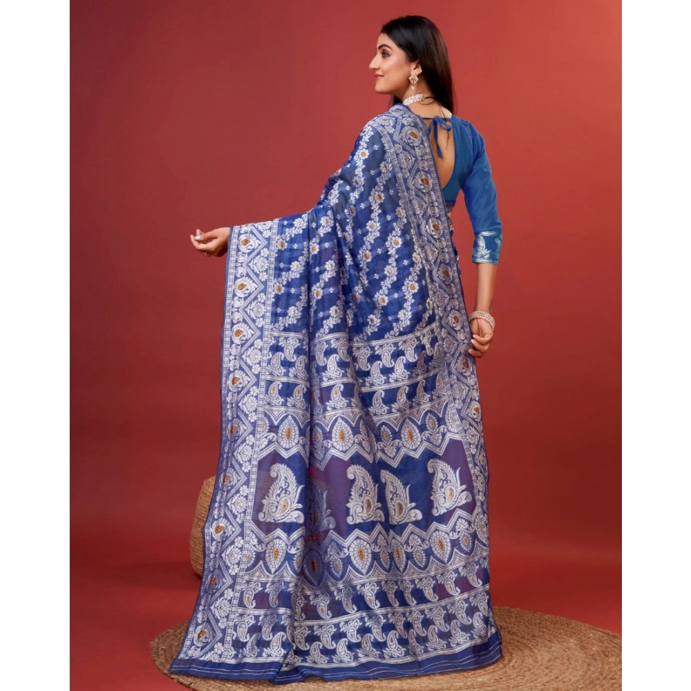 Women's Cotton Silk Printed Saree With Unstitched Blouse 5.5Mtr (Blue) - VANSHELLE