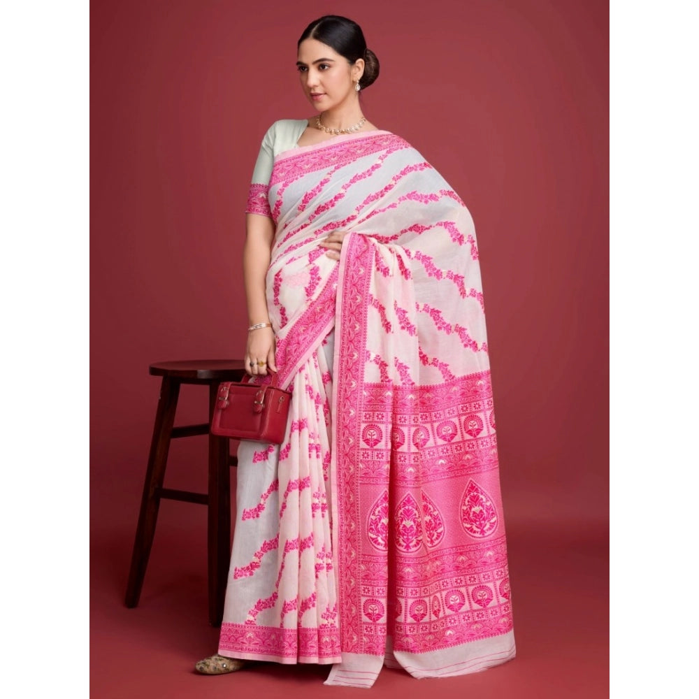 Women'S Jamdani Cotton Silk Printed Saree With Unstitched Blou