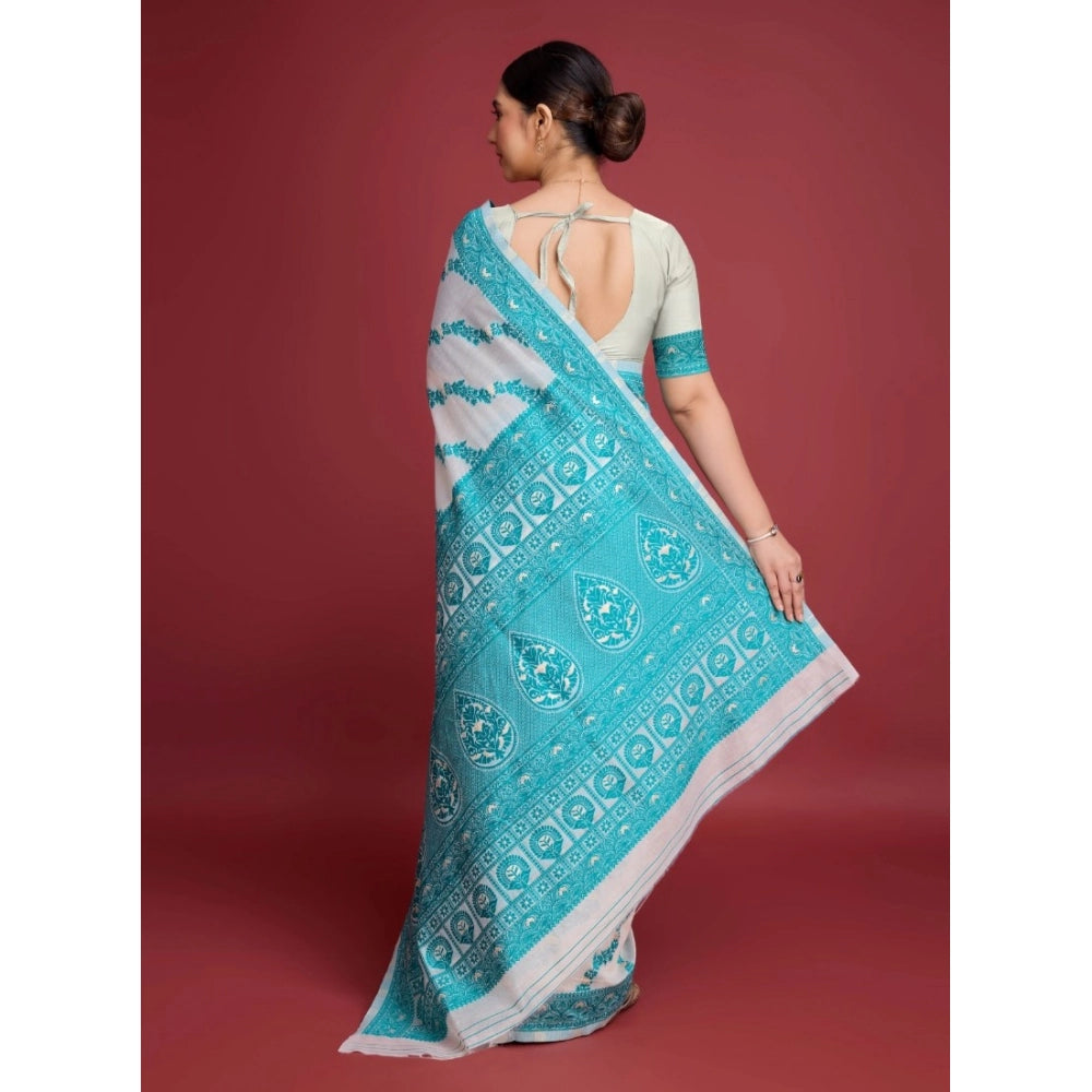 Women'S Jamdani Cotton Silk Printed Saree With Unstitched Blou