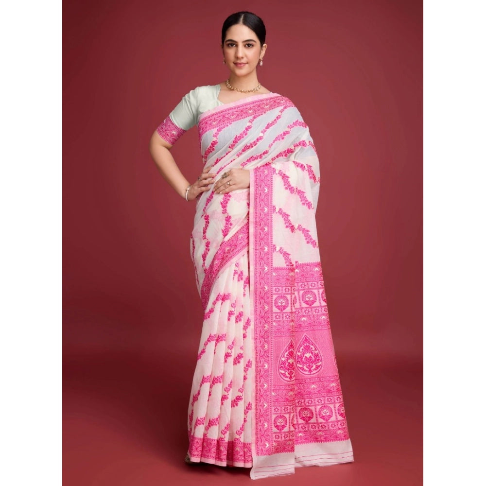 Women'S Jamdani Cotton Silk Printed Saree With Unstitched Blou