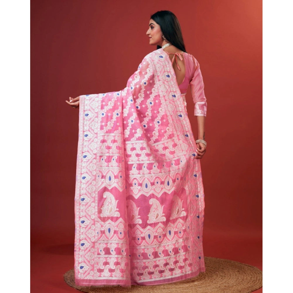 Women's Cotton Silk Printed Saree With Unstitched Blouse 5.5Mtr (Pink) - VANSHELLE