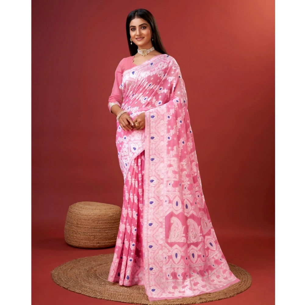 Women's Cotton Silk Printed Saree With Unstitched Blouse 5.5Mtr (Pink) - VANSHELLE