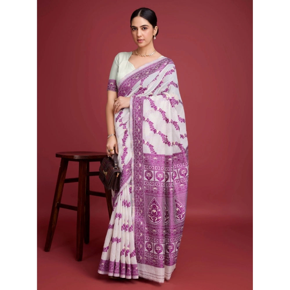 Women'S Jamdani Cotton Silk Printed Saree With Unstitched Blou