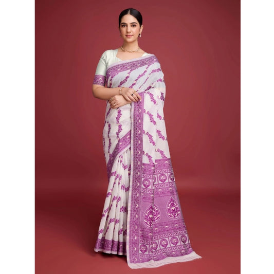 Women's Jamdani Cotton Silk Printed Saree With Unstitched Blouse 5.5Mtr (Wine) - VANSHELLE