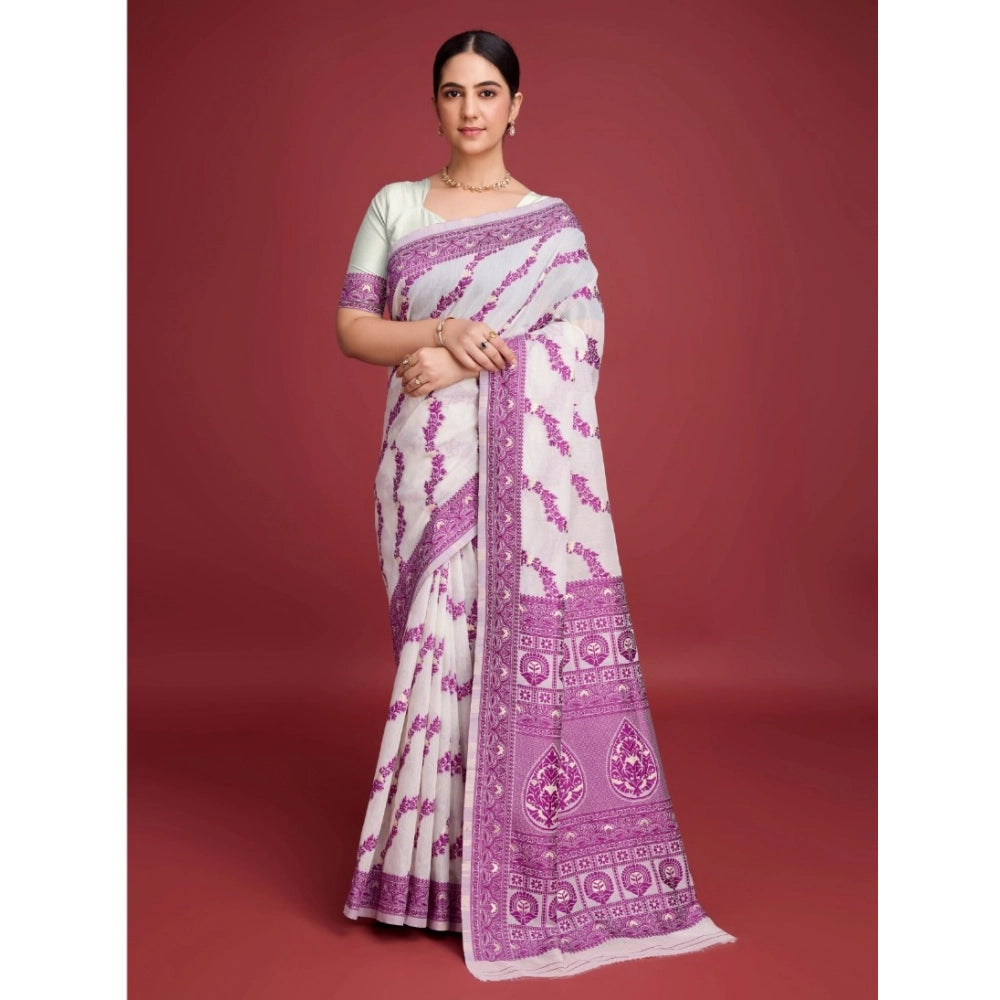 Women'S Jamdani Cotton Silk Printed Saree With Unstitched Blou