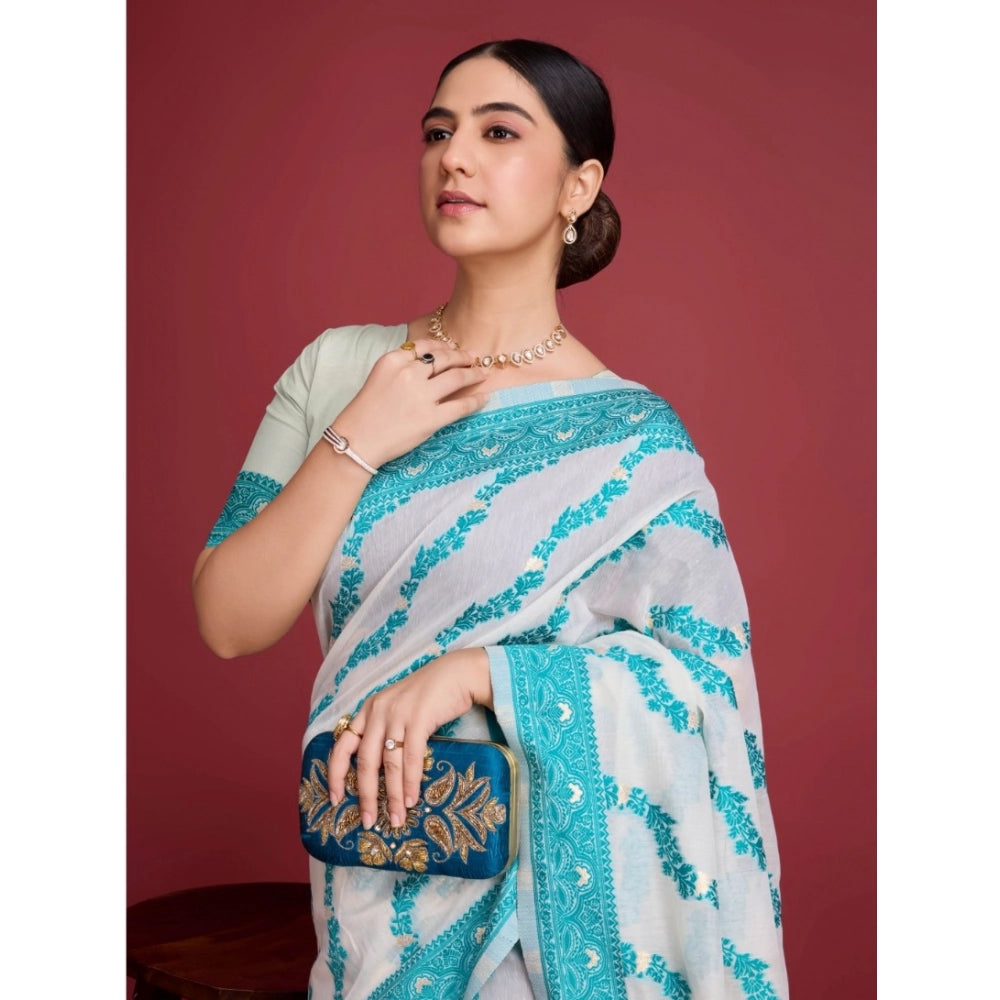 Women'S Jamdani Cotton Silk Printed Saree With Unstitched Blou