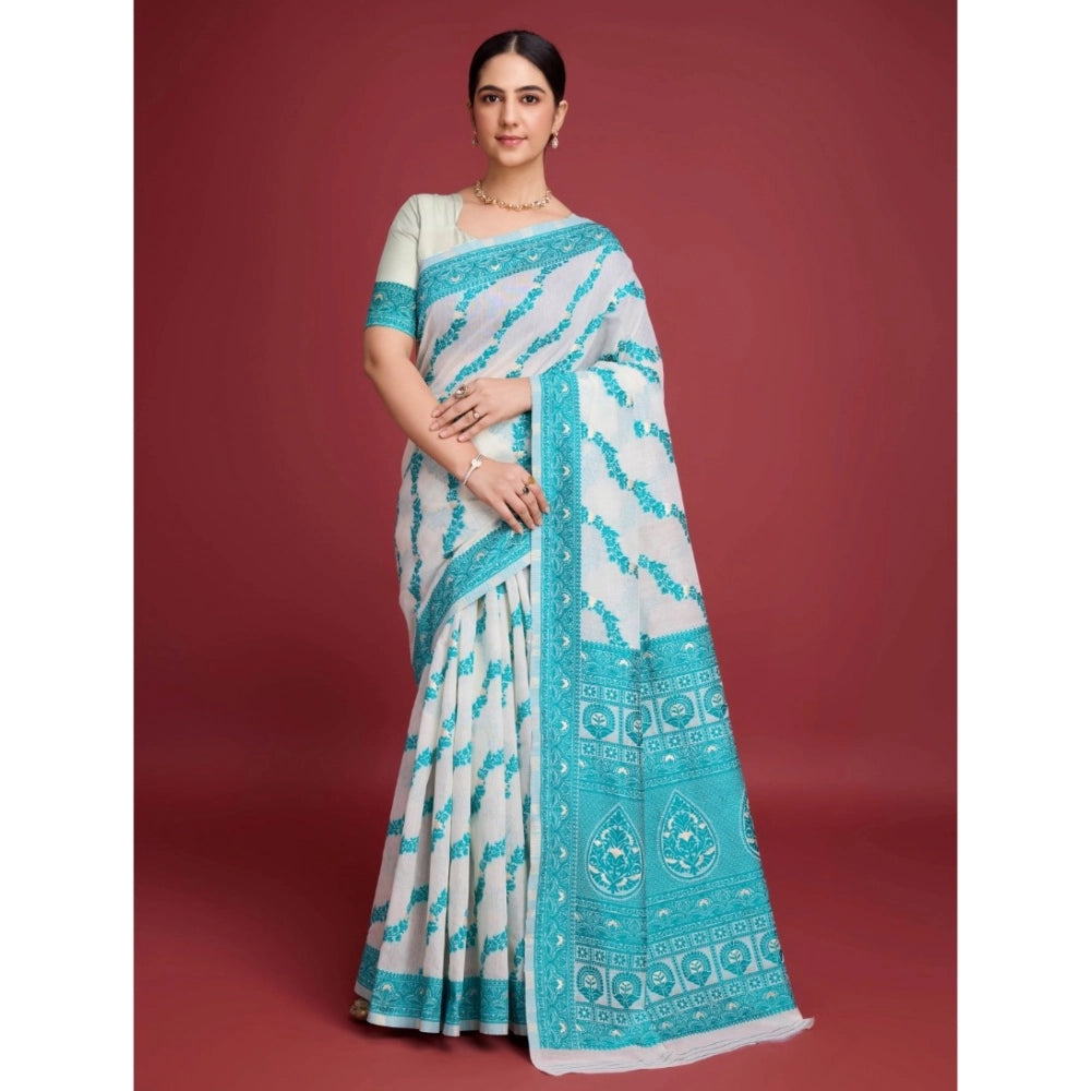 Women'S Jamdani Cotton Silk Printed Saree With Unstitched Blou