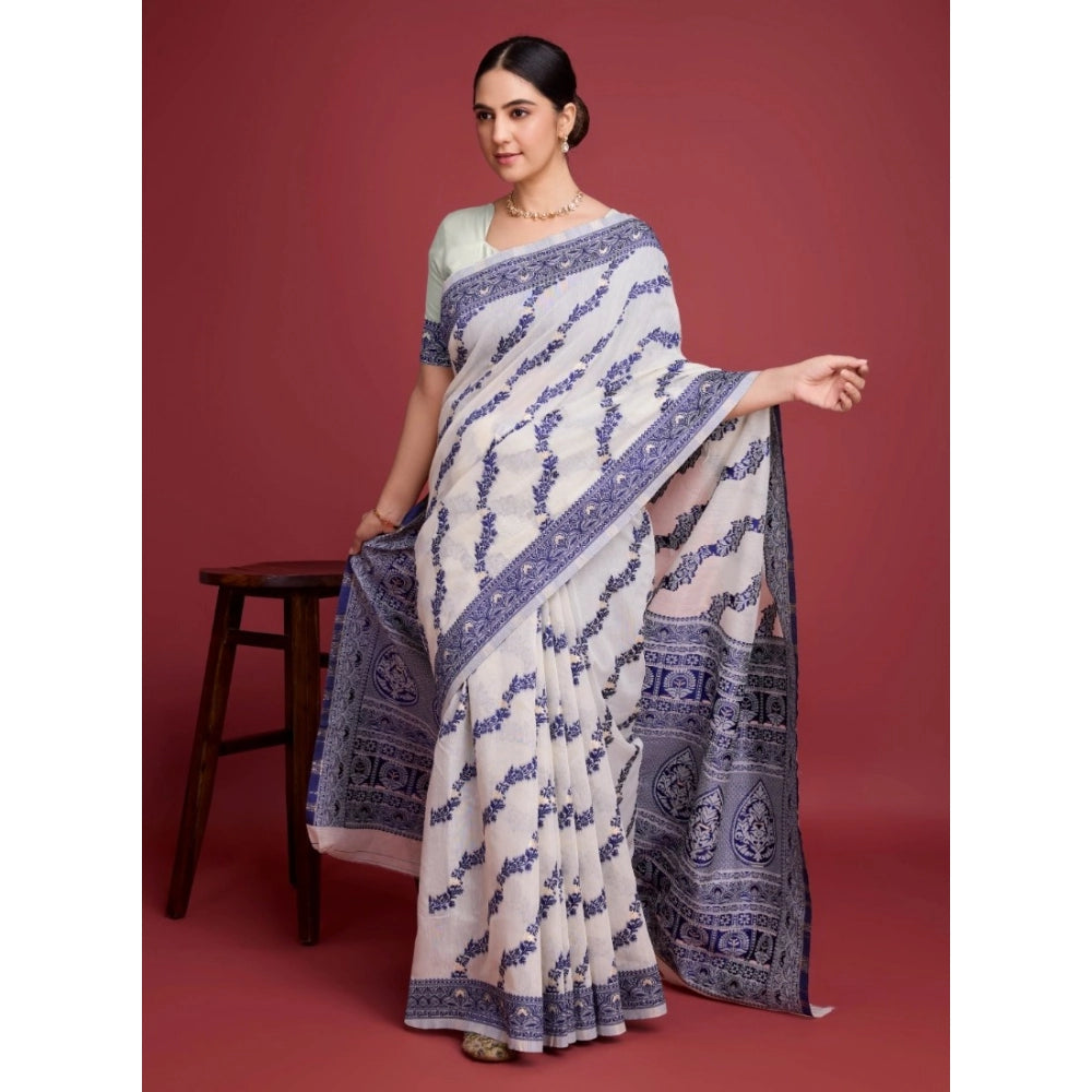 Women'S Jamdani Cotton Silk Printed Saree With Unstitched Blou