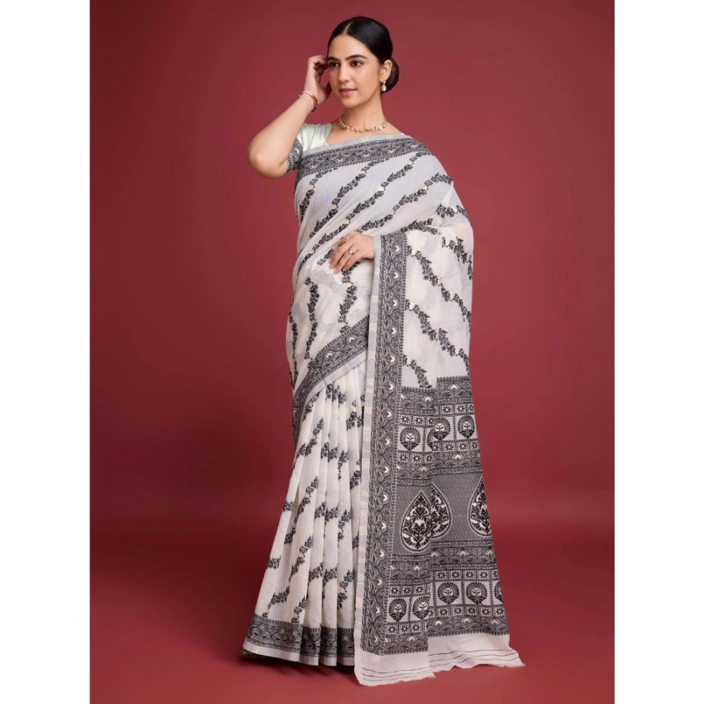 Women'S Jamdani Cotton Silk Printed Saree With Unstitched Blou