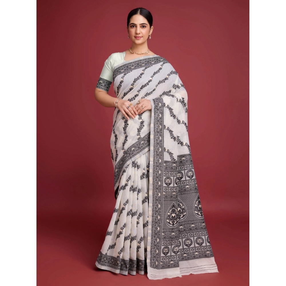 Women'S Jamdani Cotton Silk Printed Saree With Unstitched Blou