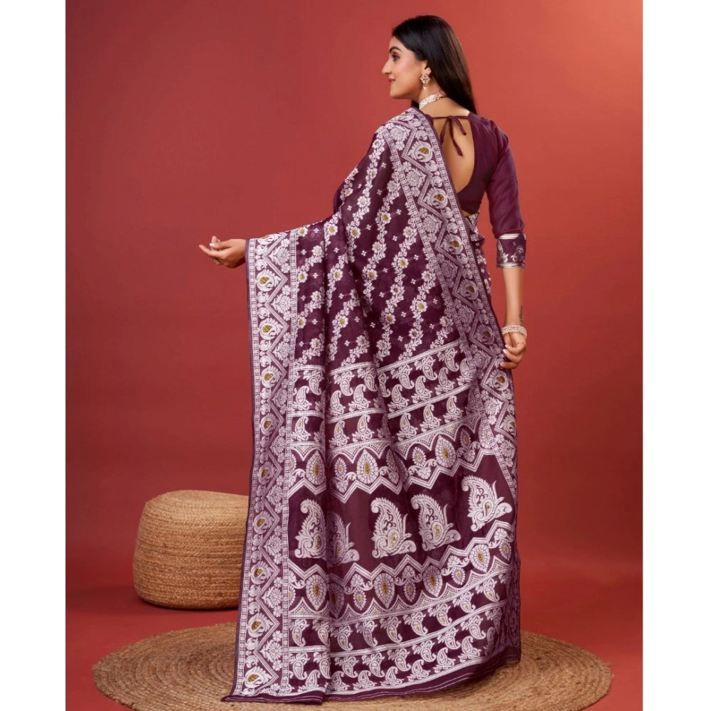 Women's Cotton Silk Printed Saree With Unstitched Blouse 5.5Mtr (Purple) - VANSHELLE