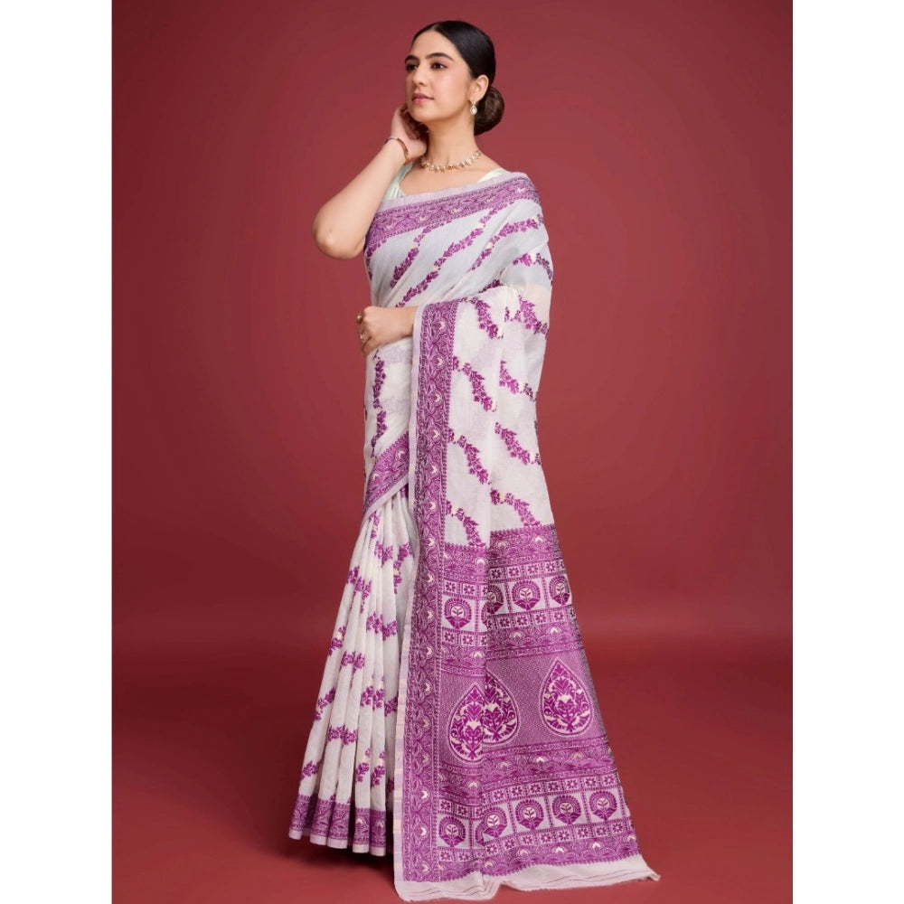 Women'S Jamdani Cotton Silk Printed Saree With Unstitched Blou