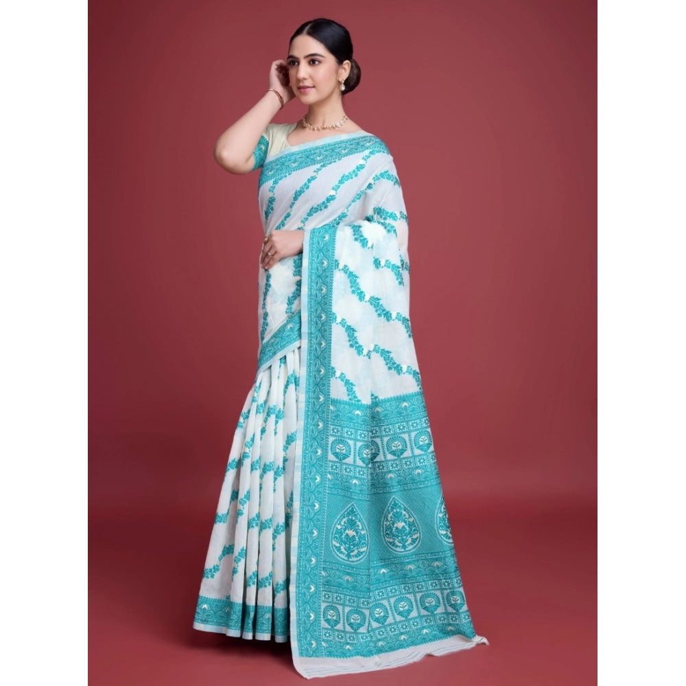 Women'S Jamdani Cotton Silk Printed Saree With Unstitched Blou