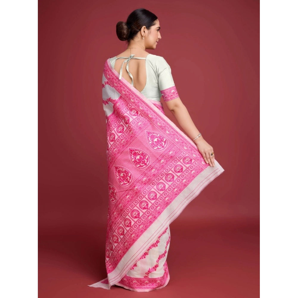 Women'S Jamdani Cotton Silk Printed Saree With Unstitched Blou