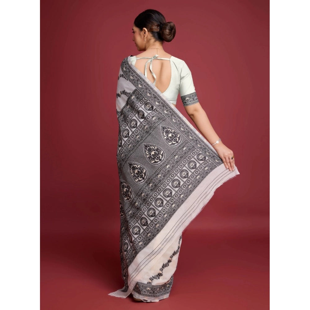 Women'S Jamdani Cotton Silk Printed Saree With Unstitched Blou